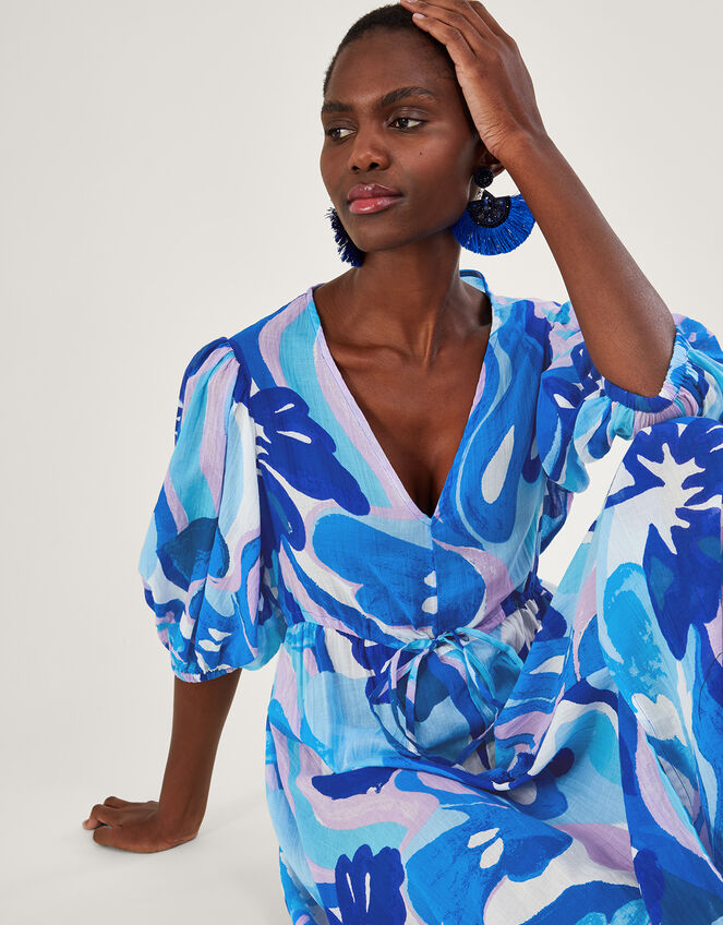 Swirl Print Puff Sleeve Maxi Dress, Blue (BLUE), large