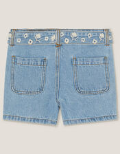 Floral Embroidered Belted Denim Shorts, Blue (BLUE), large