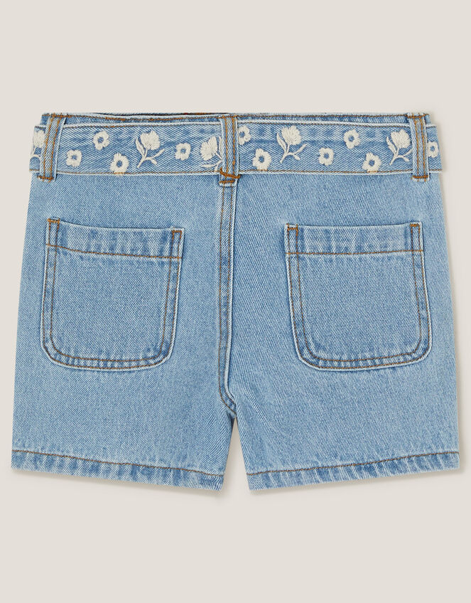 Floral Embroidered Belted Denim Shorts, Blue (BLUE), large