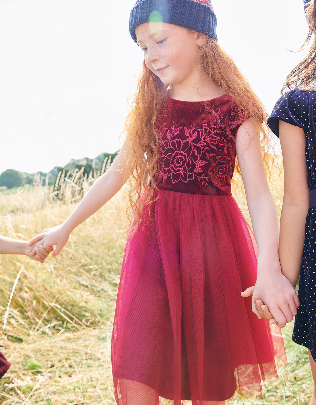 Floral Embroidered Velvet Dress Red | Girls' Dresses | Monsoon UK.
