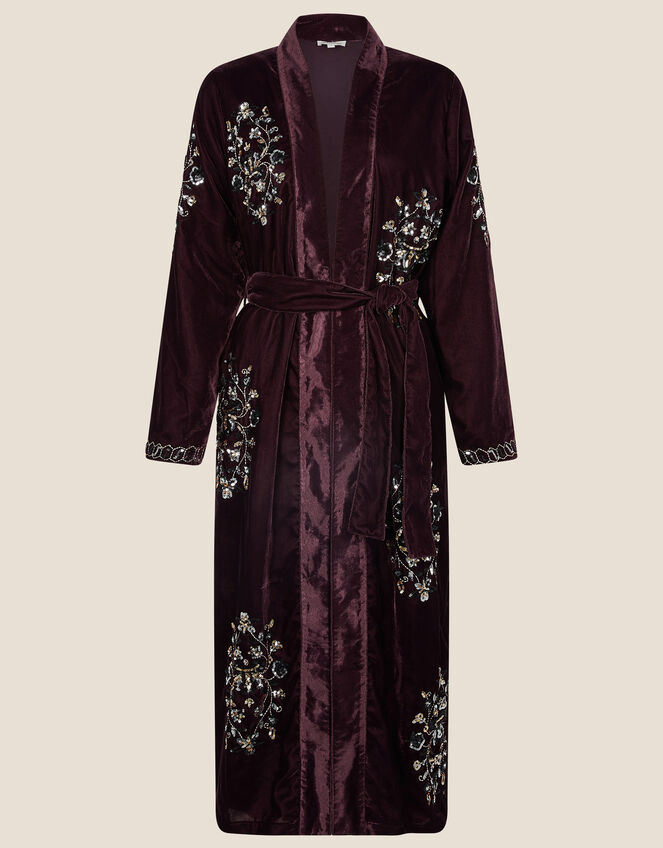 Cleo Velvet Embroidered Kimono, Brown (CHOCOLATE), large