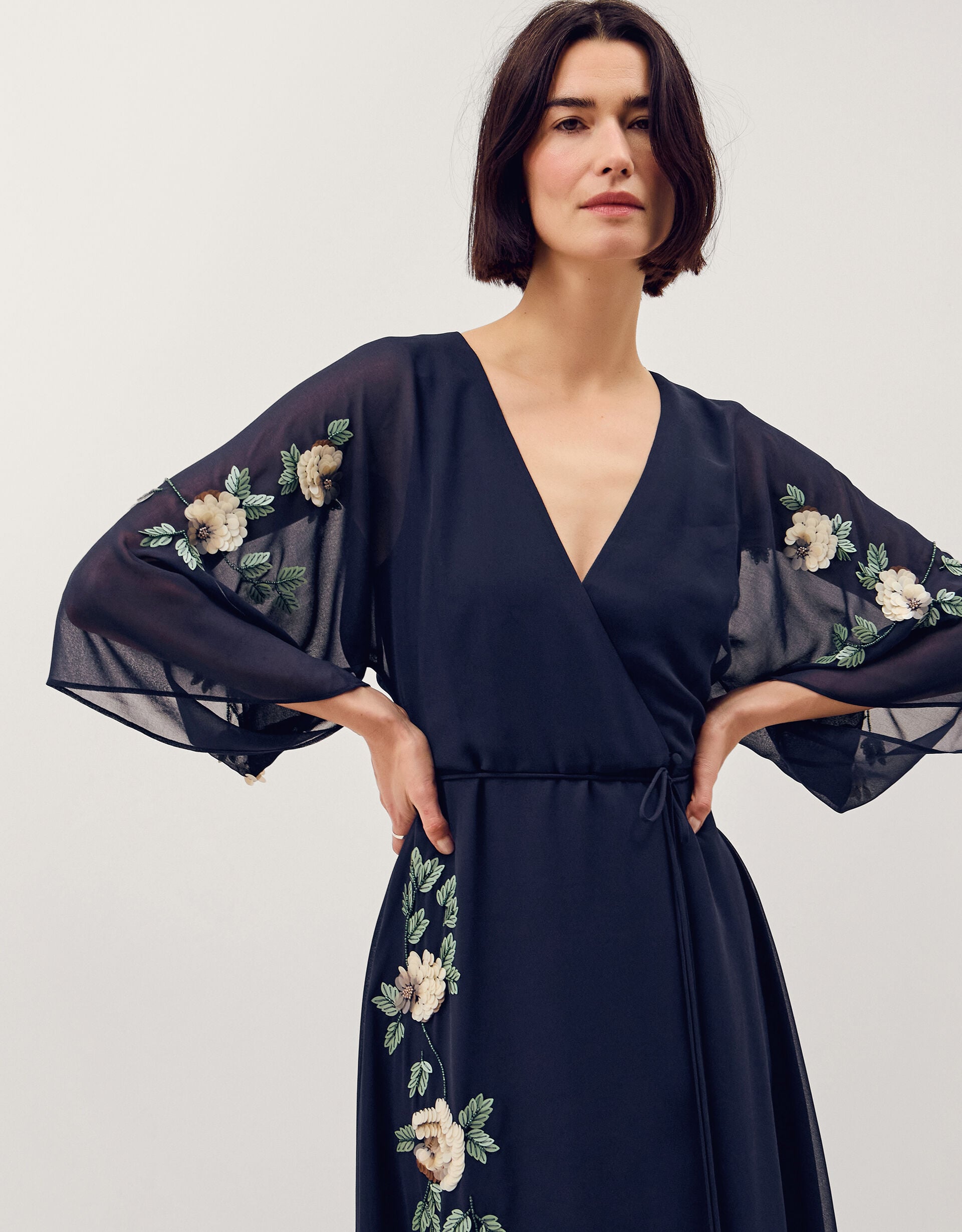 Clara Floral Embellished Midi Wrap Dress Blue