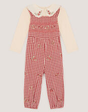 Baby Embroidered Top & Gingham Dungarees Set, Red (RED), large