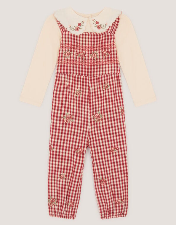 Baby Embroidered Top & Gingham Dungarees Set, Red (RED), large