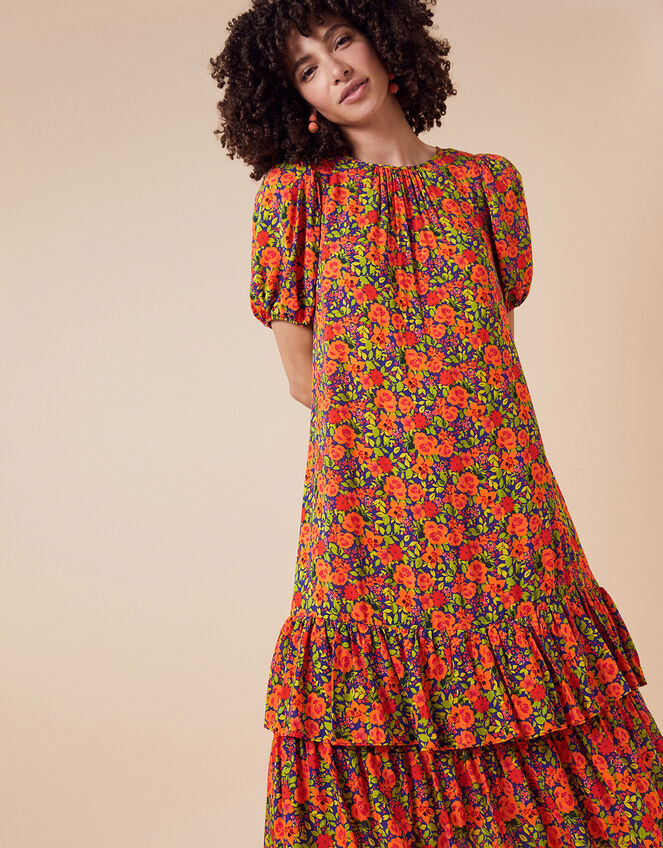 Romana Floral Tiered Hem Midi Dress, Orange (ORANGE), large