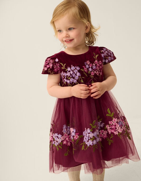 Baby Ruby Floral Embroidered Velvet Party Dress, Red (BURGUNDY), large
