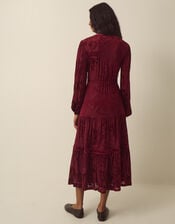 Dolly V-Neck Floral Devor&eacute; Jersey Midi Dress, Red (BURGUNDY), large
