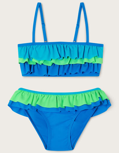 Triple Frill Bikini Set with Recycled Polyester	, Blue (BLUE), large