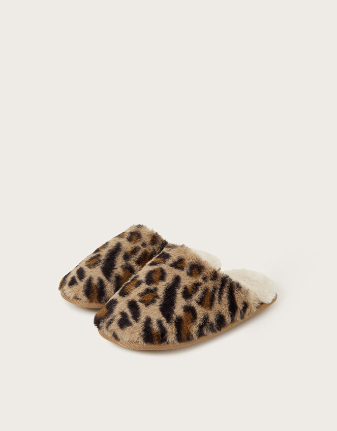 Dana Leopard Faux Fur Mule Slippers, Natural (NEUTRAL), large