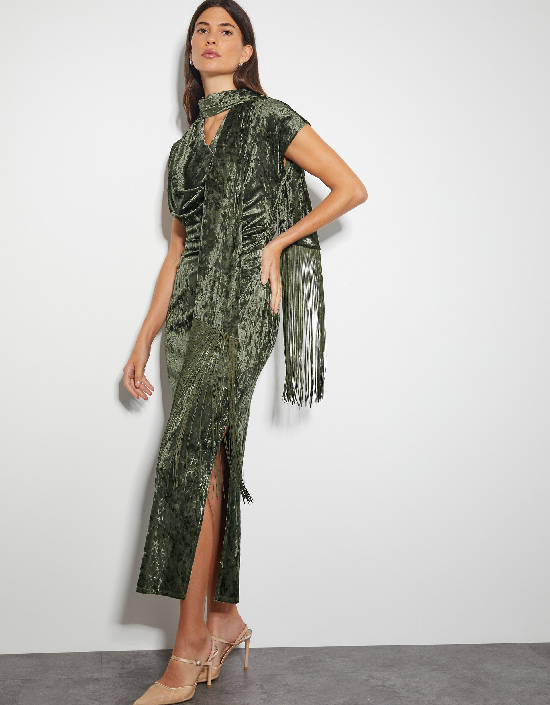 Cece Crushed Velvet Cowl Midi Dress Green Midi Dresses Monsoon UK