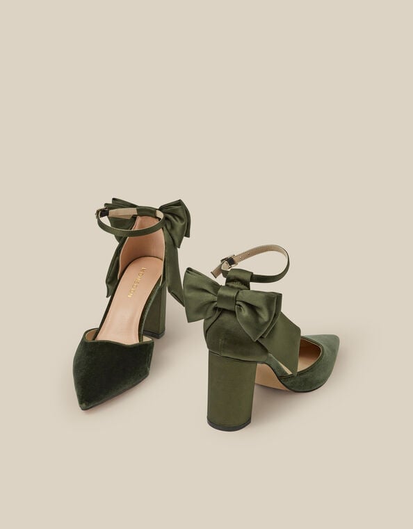 Viera Velvet Bow Pointed Toe Heels, Green (OLIVE), large