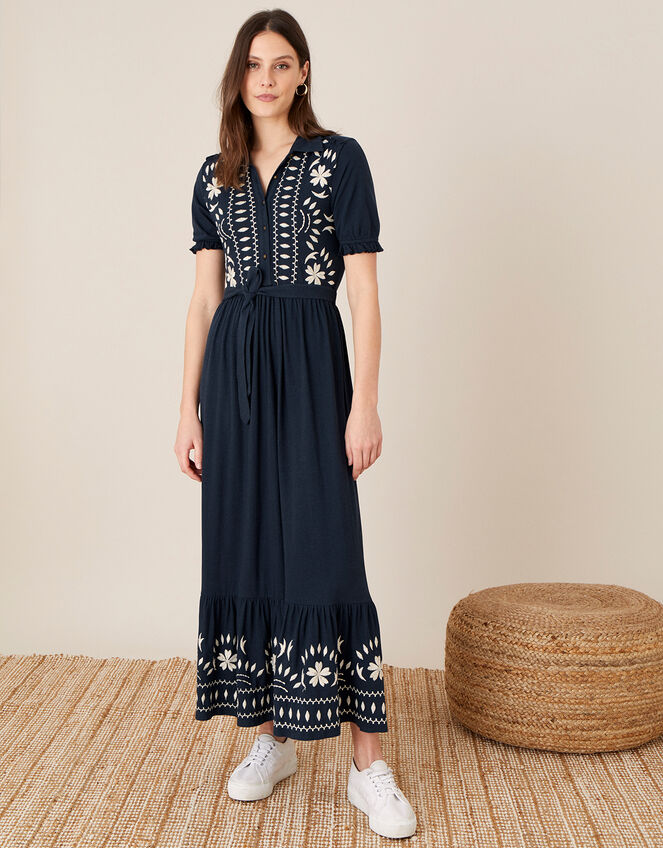 Heritage Embroidered Maxi Shirt Dress, Blue (NAVY), large