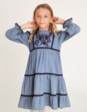 Chambray Embroidered Heritage Dress , Blue (BLUE), large