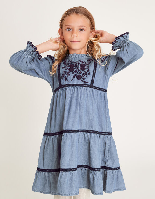 Chambray Embroidered Heritage Dress , Blue (BLUE), large