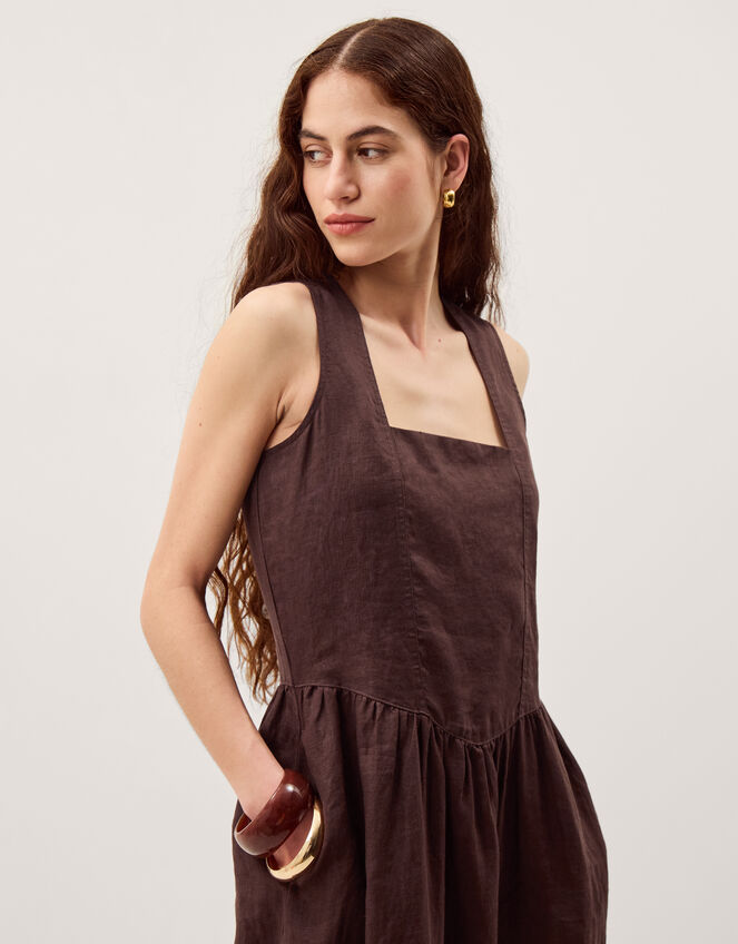 Lily Square Neck Linen Midi Dress Brown