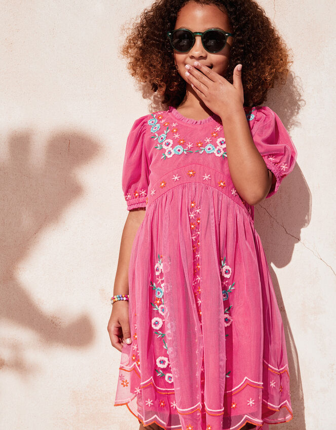 Short Sleeve Embroidered Mesh Dress, Pink (PINK), large