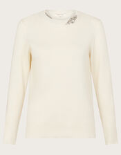 Eva Embellished Neck Jumper, Ivory (IVORY), large
