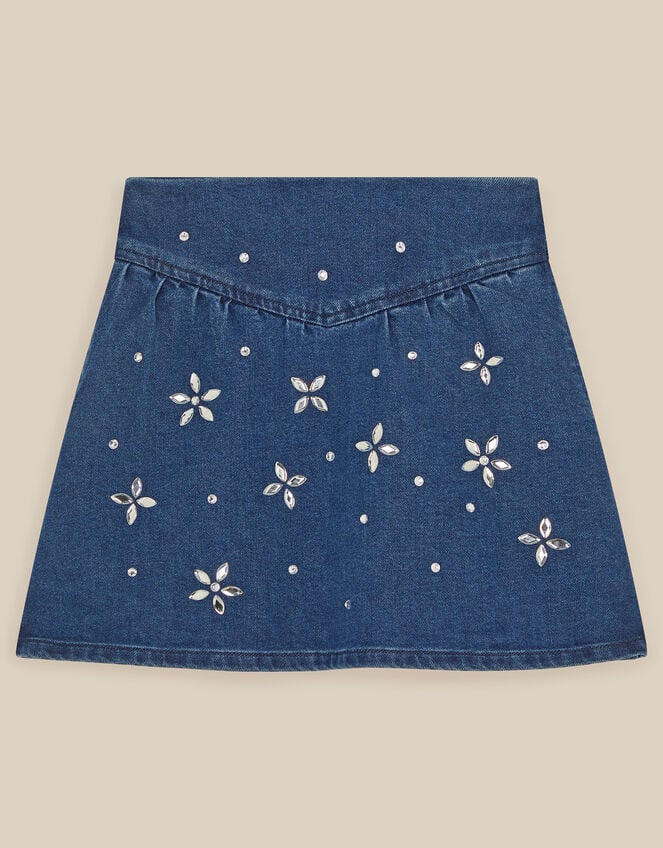 Jewel Flower Denim Skirt, Blue (BLUE), large