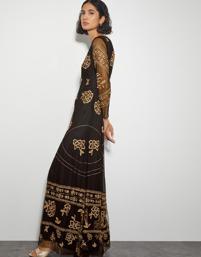 Grace Embroidered Mesh Sleeve Maxi Dress, Black (BLACK), large