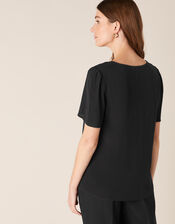 Button Front V-Neck Top, Black (BLACK), large