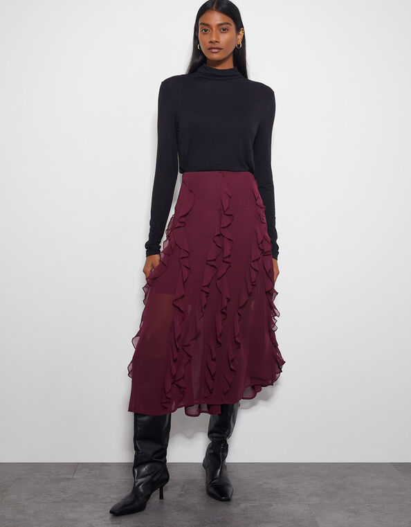 Riley Ruffle Midi Skirt, Red (BERRY), large