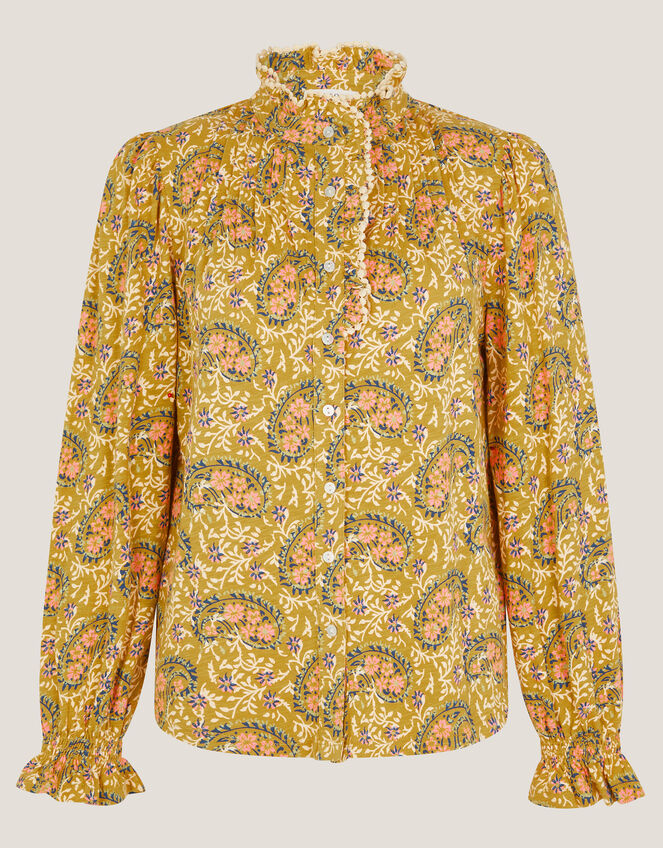 Mabel Paisley Jersey Frill Shirt, Yellow (OCHRE), large
