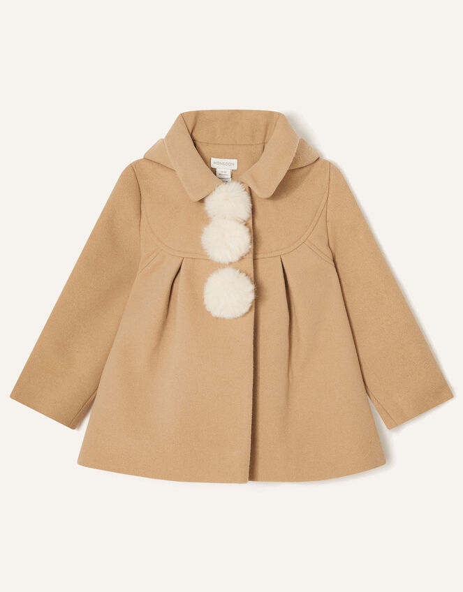 Baby Pom-Pom Hooded Coat, Camel (CAMEL), large
