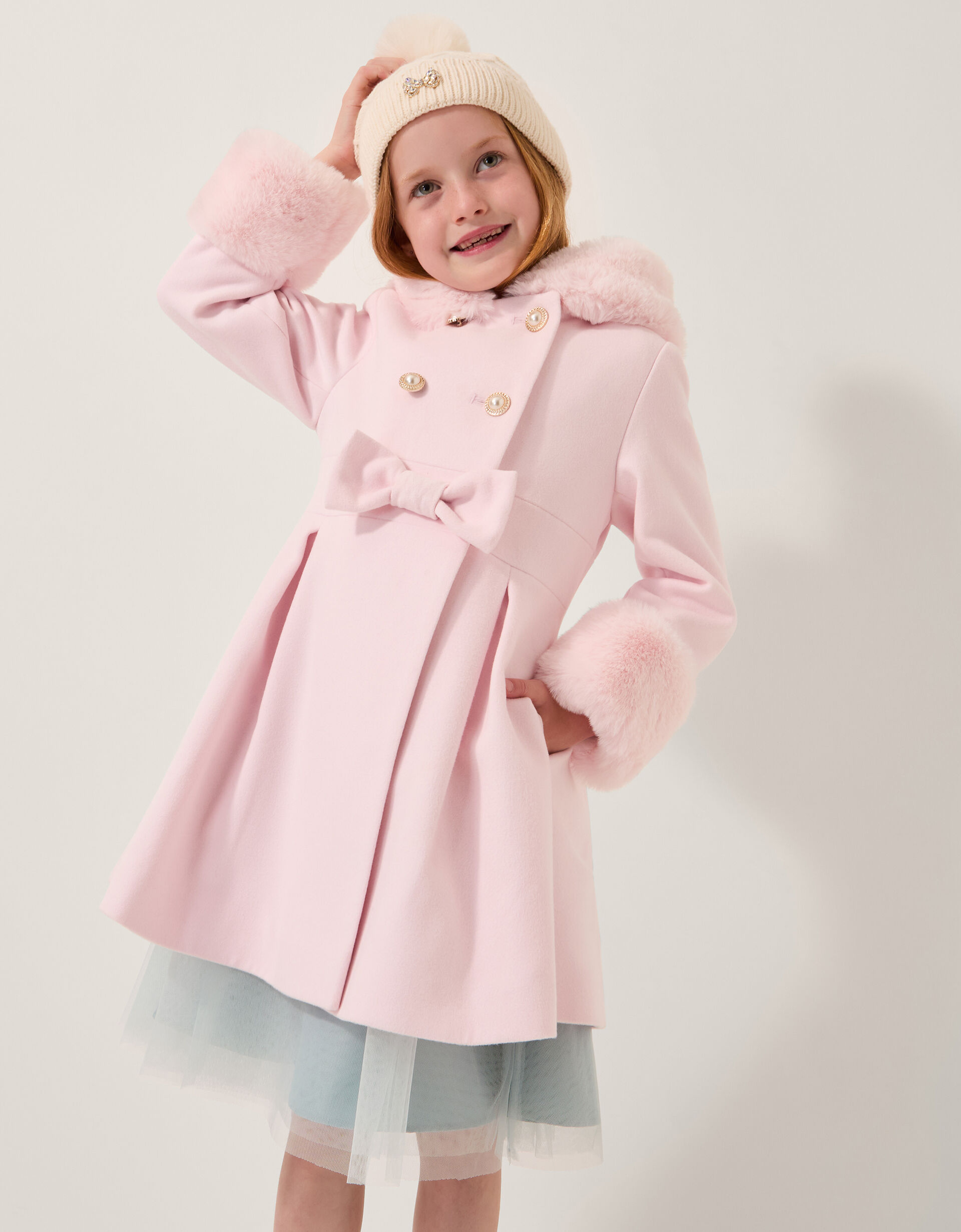 Faux Fur Hood Double-Breasted Coat Pink