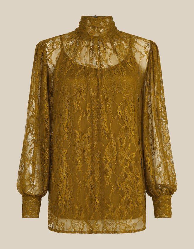 Zadie High Tie Neck Lace Blouse, Green (CHARTREUSE), large