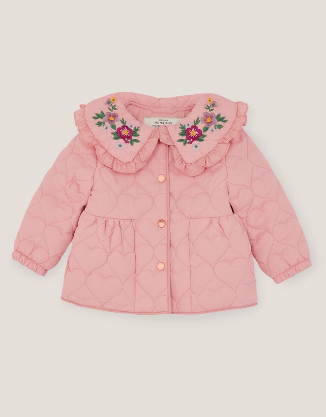 Baby Embroidered Heart Quilted Coat, Pink (PINK), large