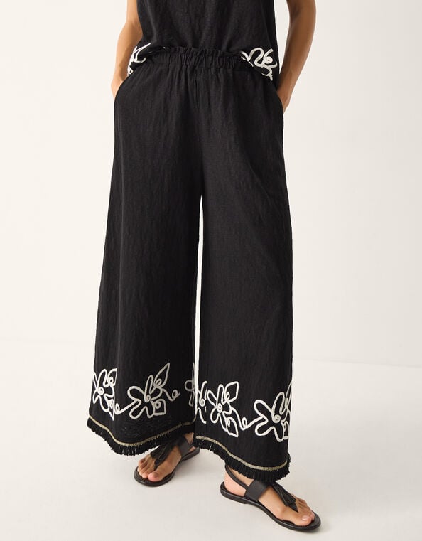Sara Embroidered Wide Leg Trousers, Black (BLACK), large
