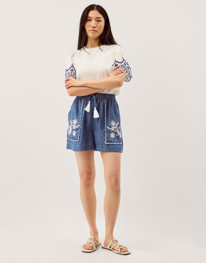 Isla Embroidered Denim Shorts, Blue (DENIM BLUE), large