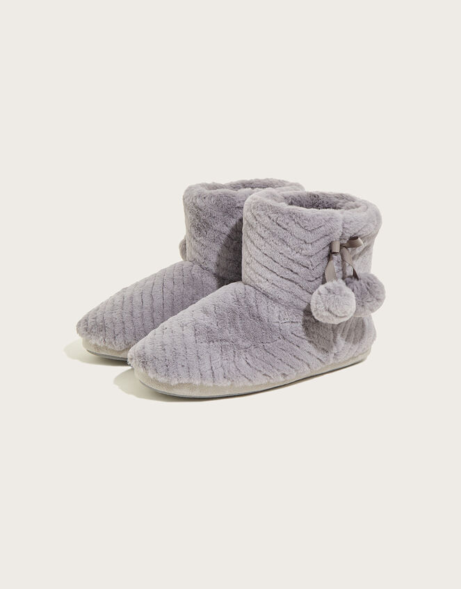 Quilted Pom-Pom Slipper Boots, Grey (GREY), large