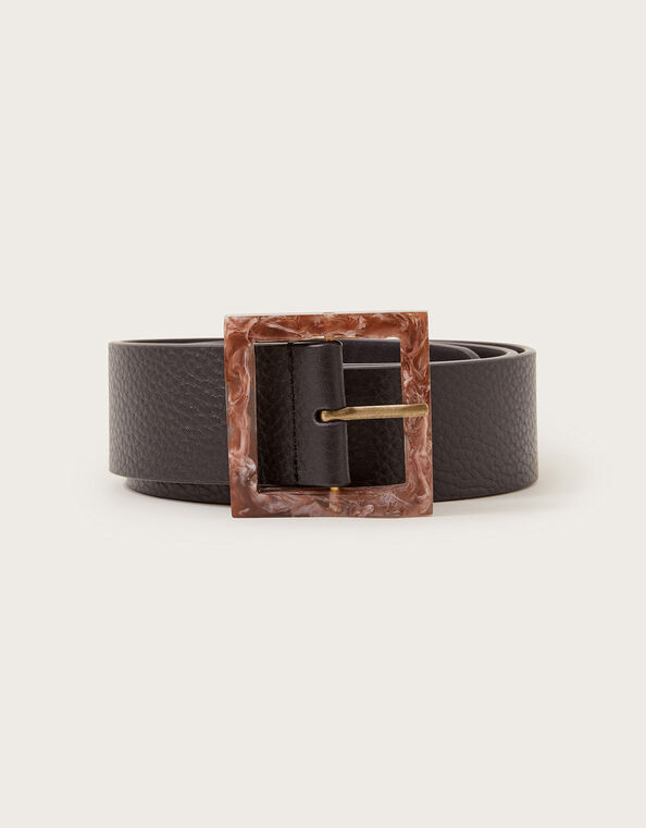 Tortoiseshell Buckle Leather Belt, Black (BLACK), large