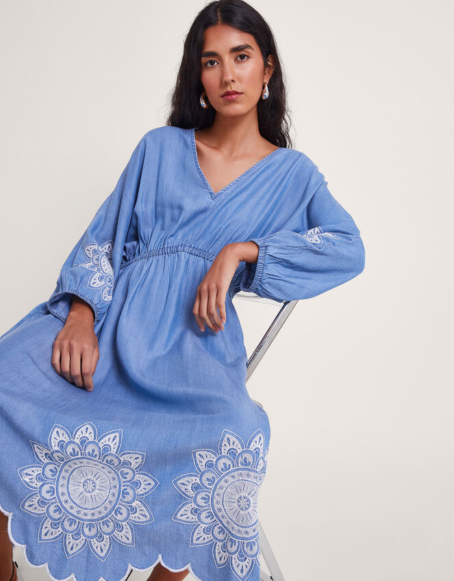 Tabitha Embroidered Denim Dress, Blue (DENIM BLUE), large