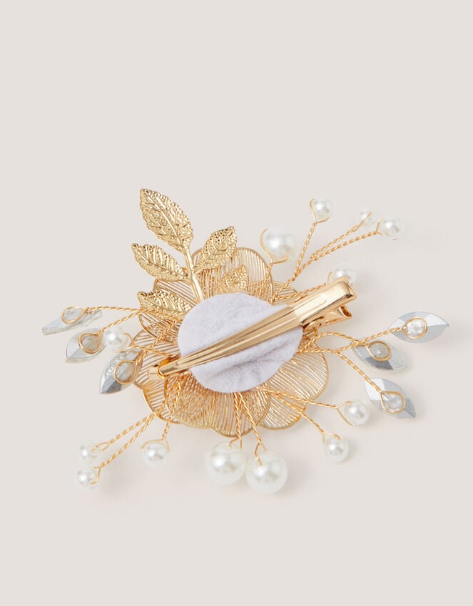 Flower Embellished Metal Hair Clip, , large