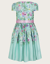 Short Sleeve Botanical Print Satin Dress, Green (GREEN), large