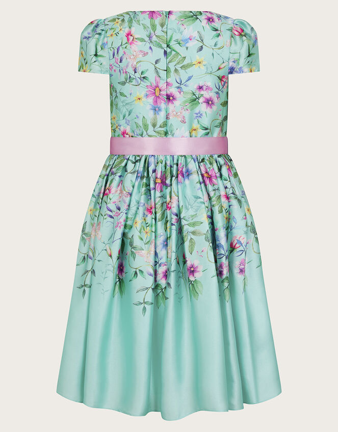 Short Sleeve Botanical Print Satin Dress, Green (GREEN), large