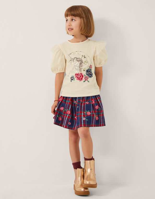 Floral Embroidered Tartan Skirt, Red (RED), large