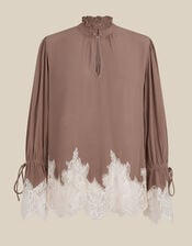 Selene Ruffle High Neck Lace Blouse, Mink (MINK), large