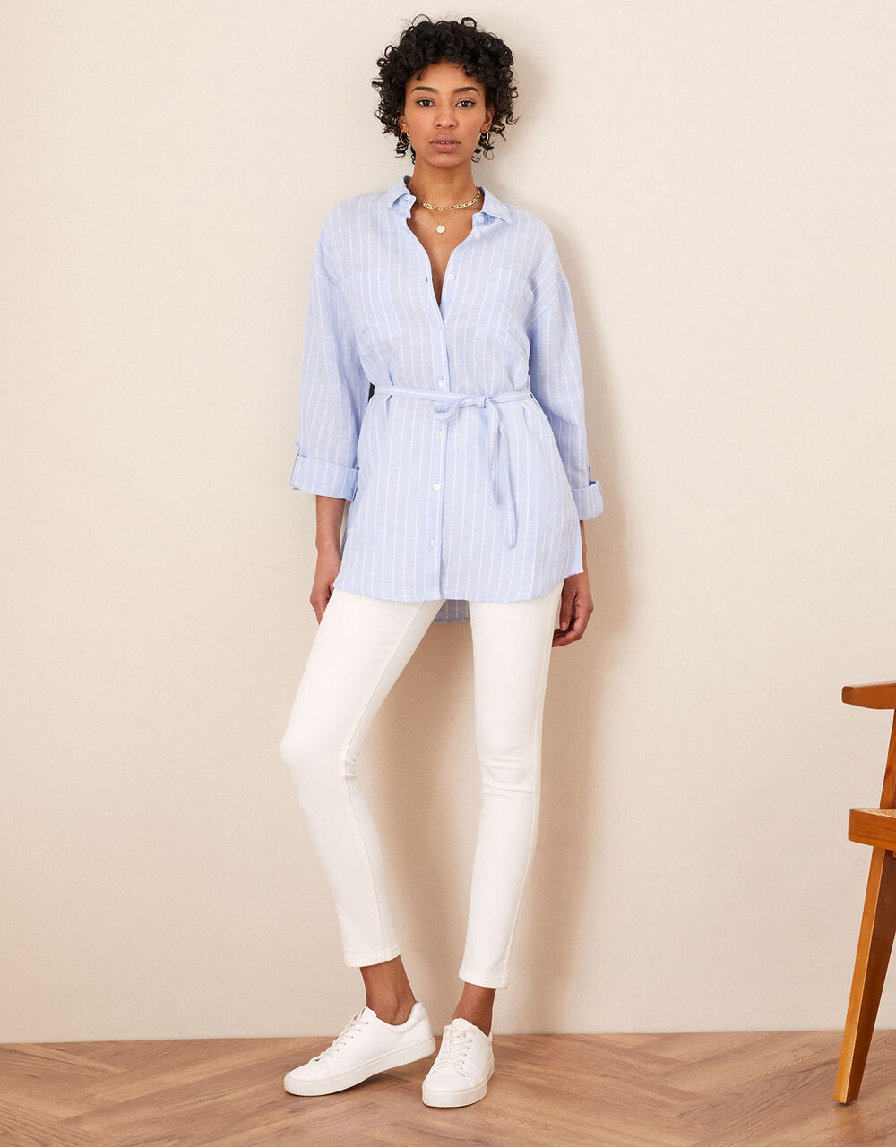 Women Women's Clothing | Stripe Longline Shirt in Linen Blend Blue - UR13093