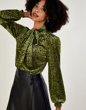 Genevieve Paisley Devore Pussybow Blouse, Green (OLIVE), large