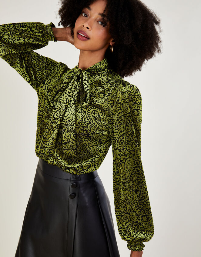 Genevieve Paisley Devore Pussybow Blouse, Green (OLIVE), large