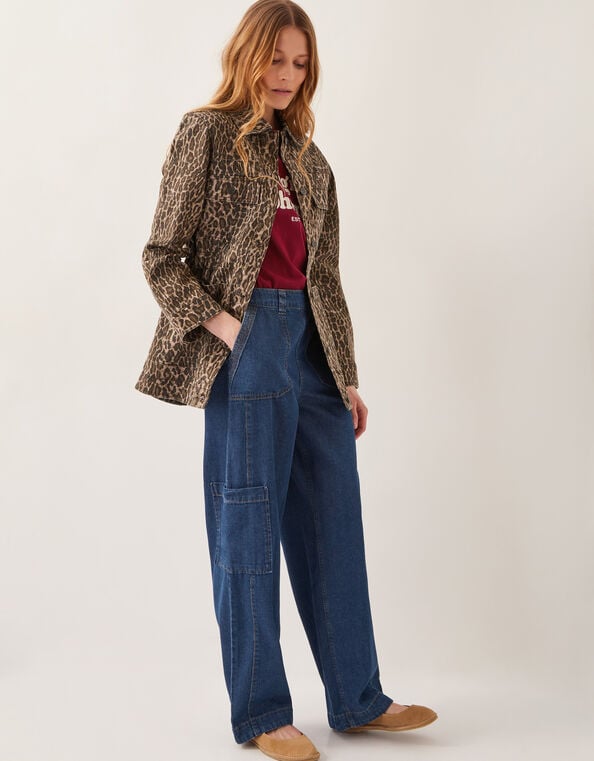 Annie Leopard Print Denim Jacket, Brown (BROWN), large