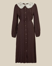 Shae Lace Collar Polka Dot Midi Dress, Brown (CHOCOLATE), large