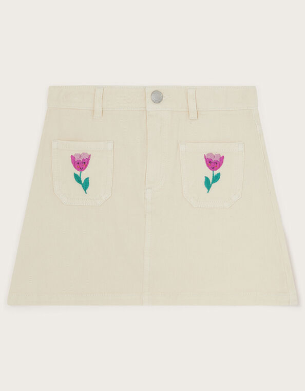 Tulip Embroidered Denim Skirt, Cream (CREAM), large