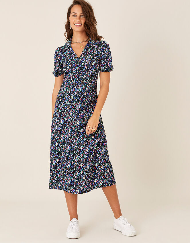 Floral Print Jersey Midi Dress, Black (BLACK), large