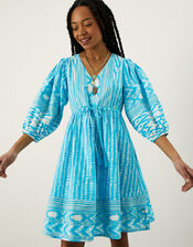 Ikat Spot Print Smock Dress in Sustainable Cotton, Blue (BLUE), large