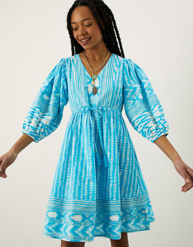Ikat Spot Print Smock Dress in Sustainable Cotton, Blue (BLUE), large