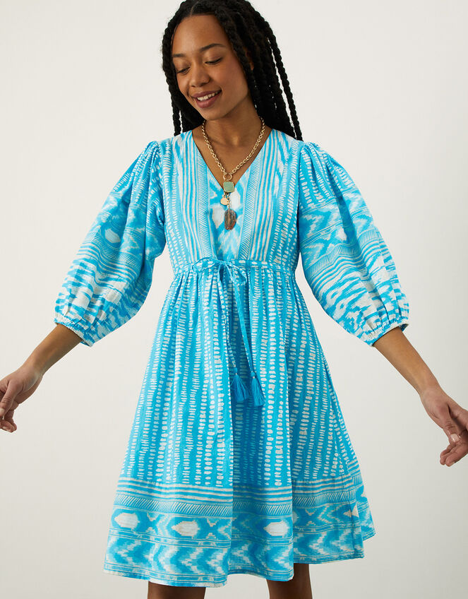 Ikat Spot Print Smock Dress in Sustainable Cotton Blue